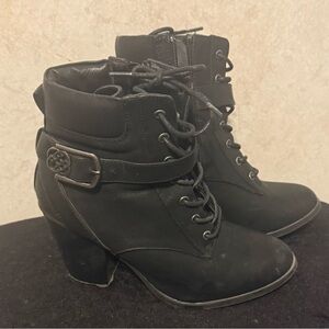 Daisy Fuentes Black Lace-Up Ankle Heeled Boots with Buckle Strap